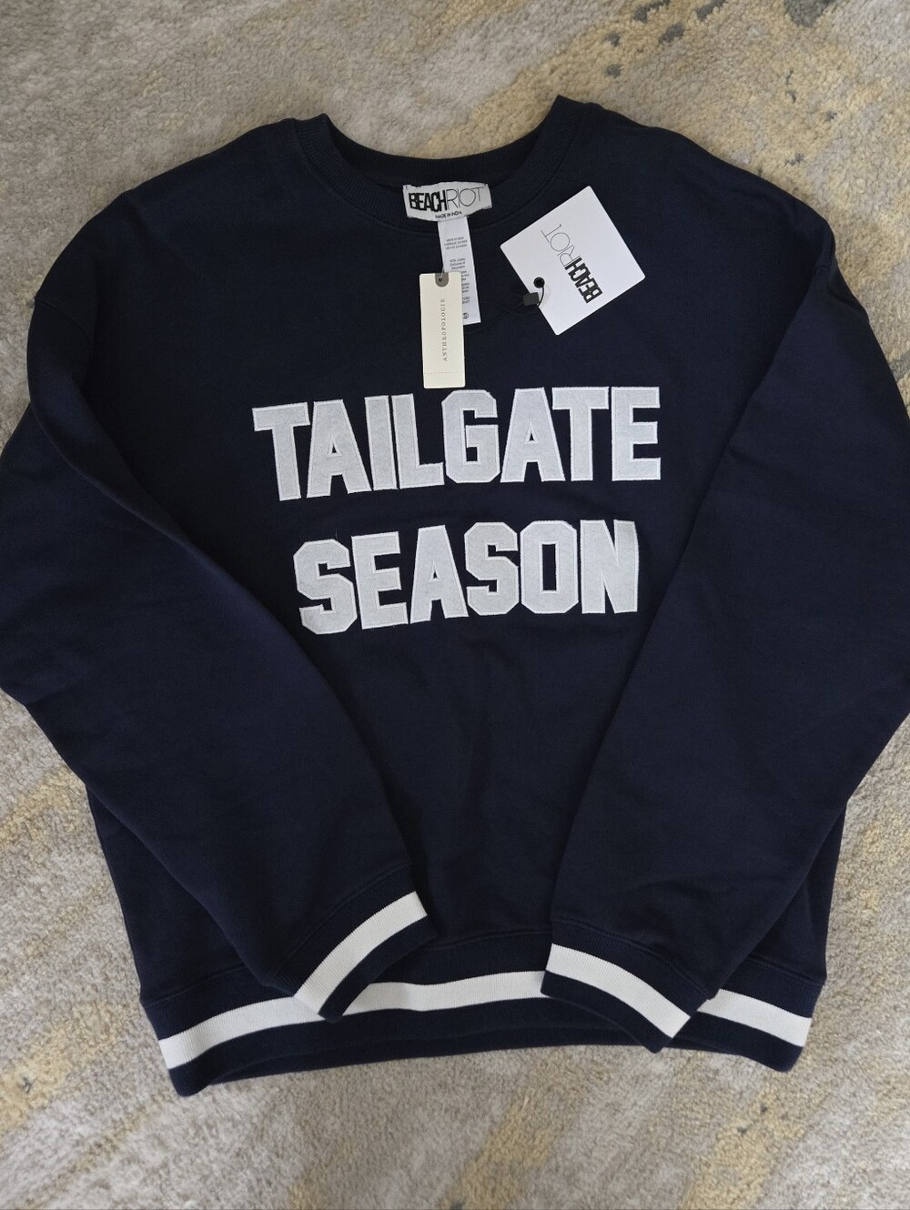 NWT Beach Riot Navy Crewneck Sweater with White 'TAILGATE SEASON' Lettering
